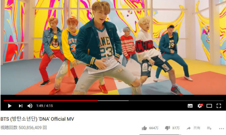 BTS – “DNA”のMV、5億回の再生回数を達成 – KPOPグループ史上初