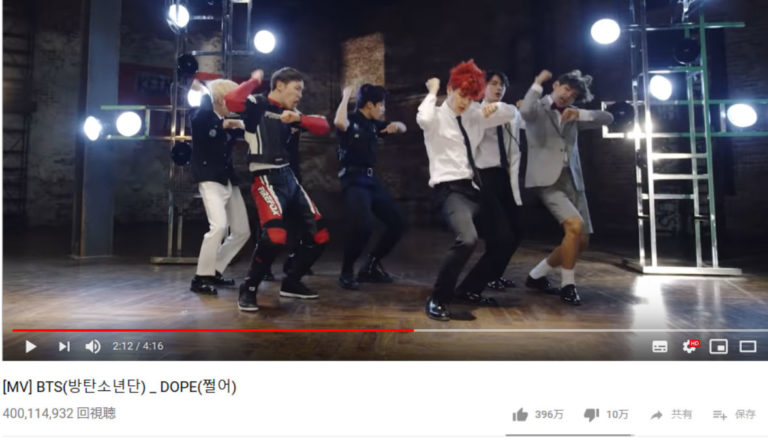 BTSの”DOPE”MV、再生回数が4億回突破！