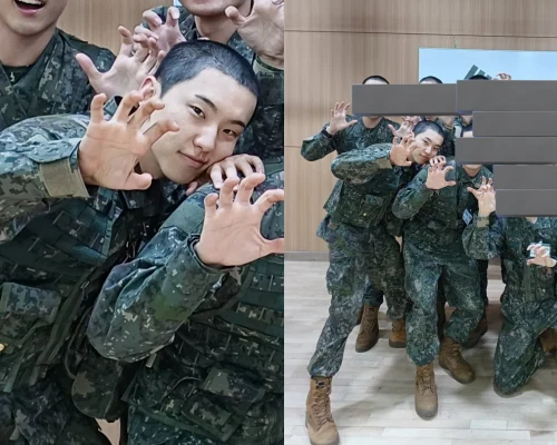 Seventeenホシ、入隊後写真！同期兵と虎ポーズ