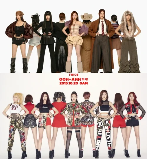 TWICE「10周年AL」カバー画像 – デビュー曲「Like Ooh-Ahh」ポーズ再現！