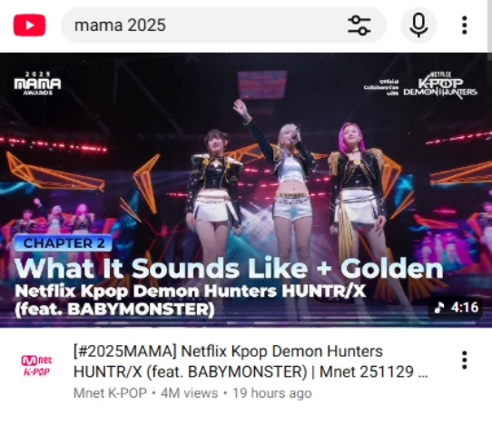 「2025 MAMA」舞台再生数ランキング：Babymonsterが1・2位独占、3位Stray Kids, 4位GD, 5位Cortis, 6位EHYPEN