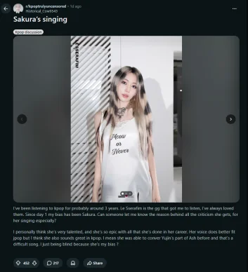[Reddit] 宮脇咲良ファン「歌ひどくない」擁護→ K-POPファン異論「ルセラで一番下手」「キャリア15年だが、まったく歌えない」